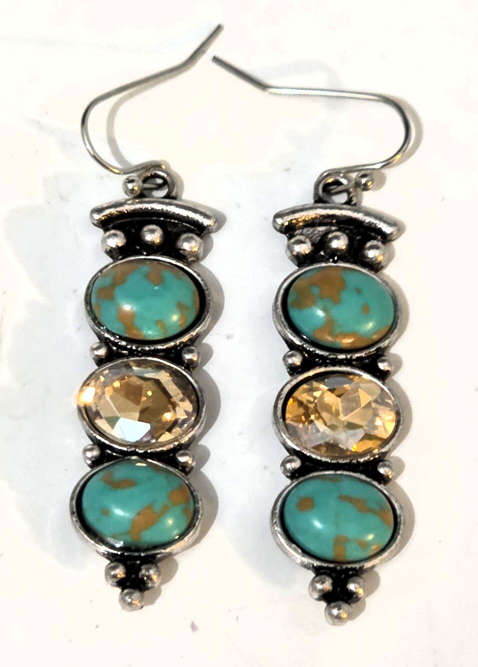 New BOHO Turquoise & Amber Crystal Dangle Earrings1 1/2"